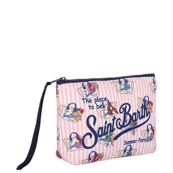 حقيبة صغيرة للبنات مخططة بالشعار باللون الأبيض والوردي(15 سم) 