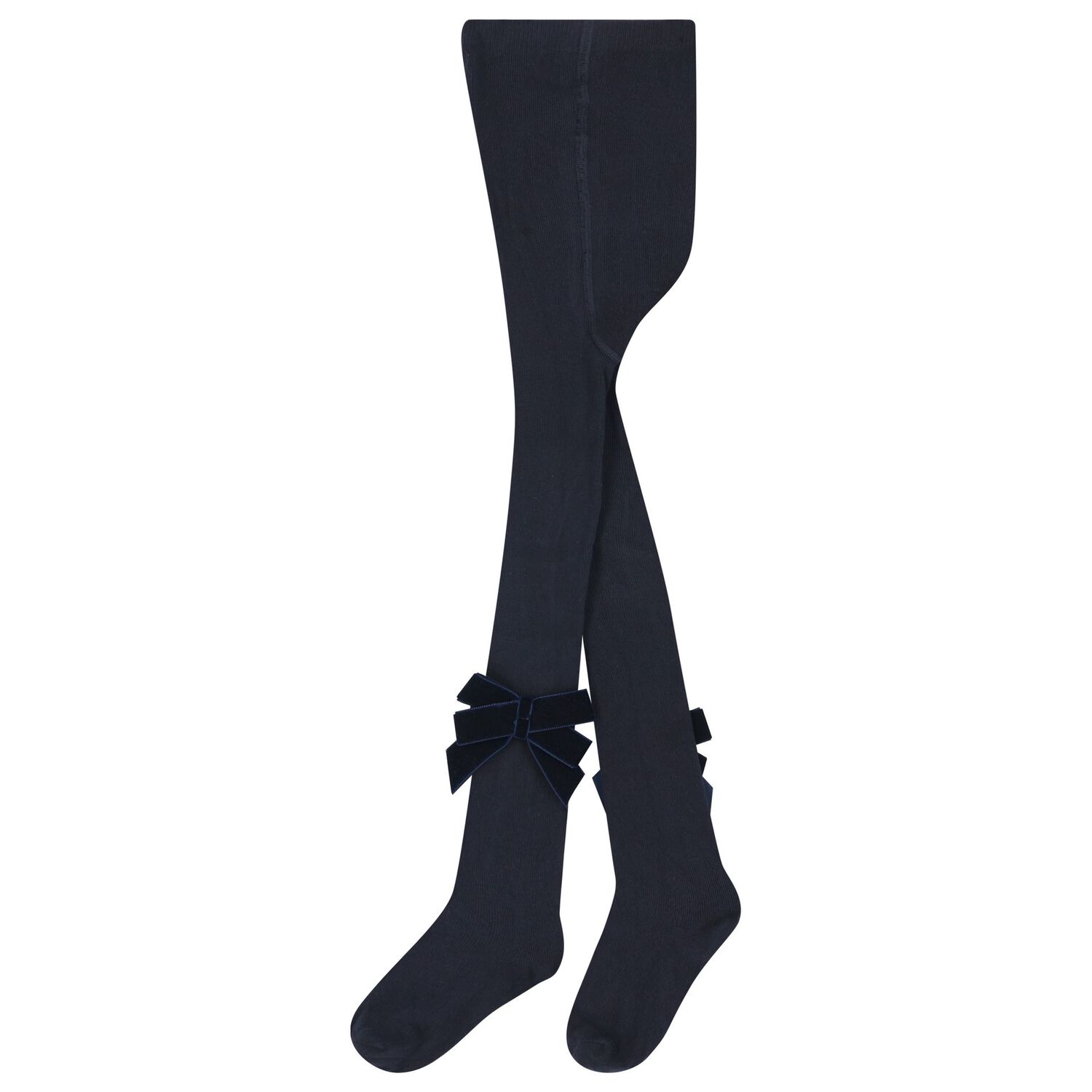 Girls Navy Blue Velvet Bow Tights, 1, hi-res