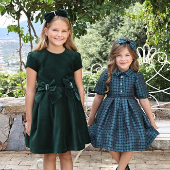 Girls Green Velvet Bow Dress