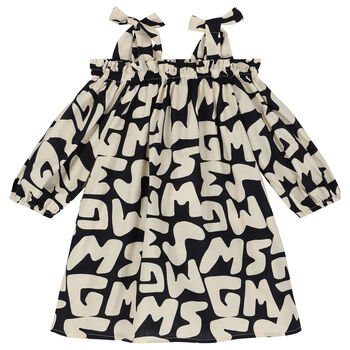 Girls Ivory & Black Logo Dress