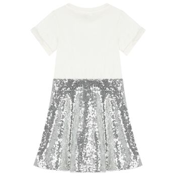 Girls Ivory & Silver Sequin Logo Embellished Dress