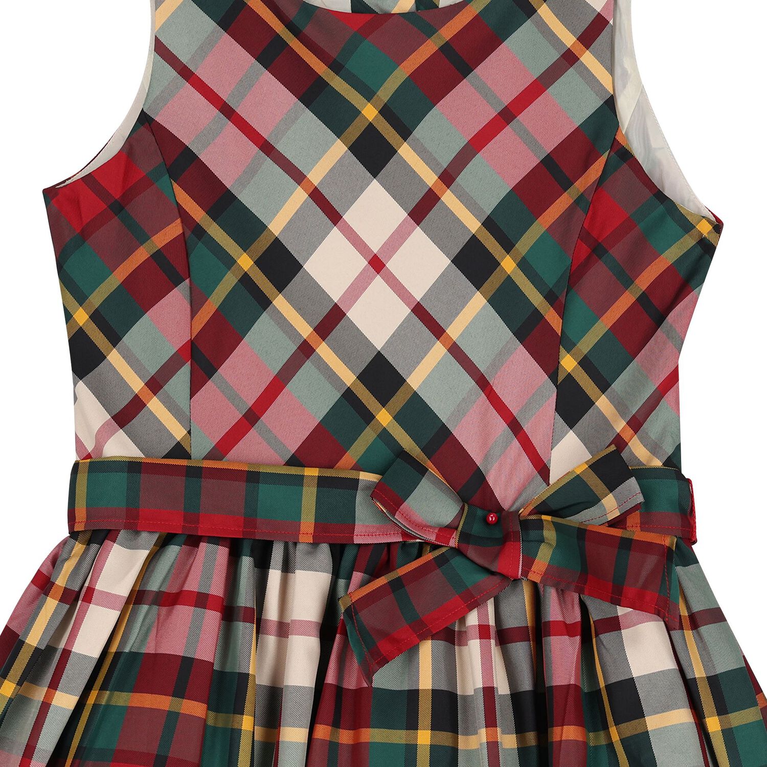 Girls Red & Green Tartan Satin Dress, 1, hi-res