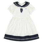 Younger Girls White & Navy Blue Logo Dress, 1, hi-res