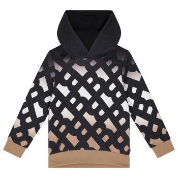 Boys White, Black & Beige Logo Hooded Top