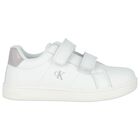 Girls White & Silver Logo Trainers, 1, hi-res