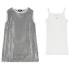 Girls Gold & White Logo Dress Set, 1, hi-res