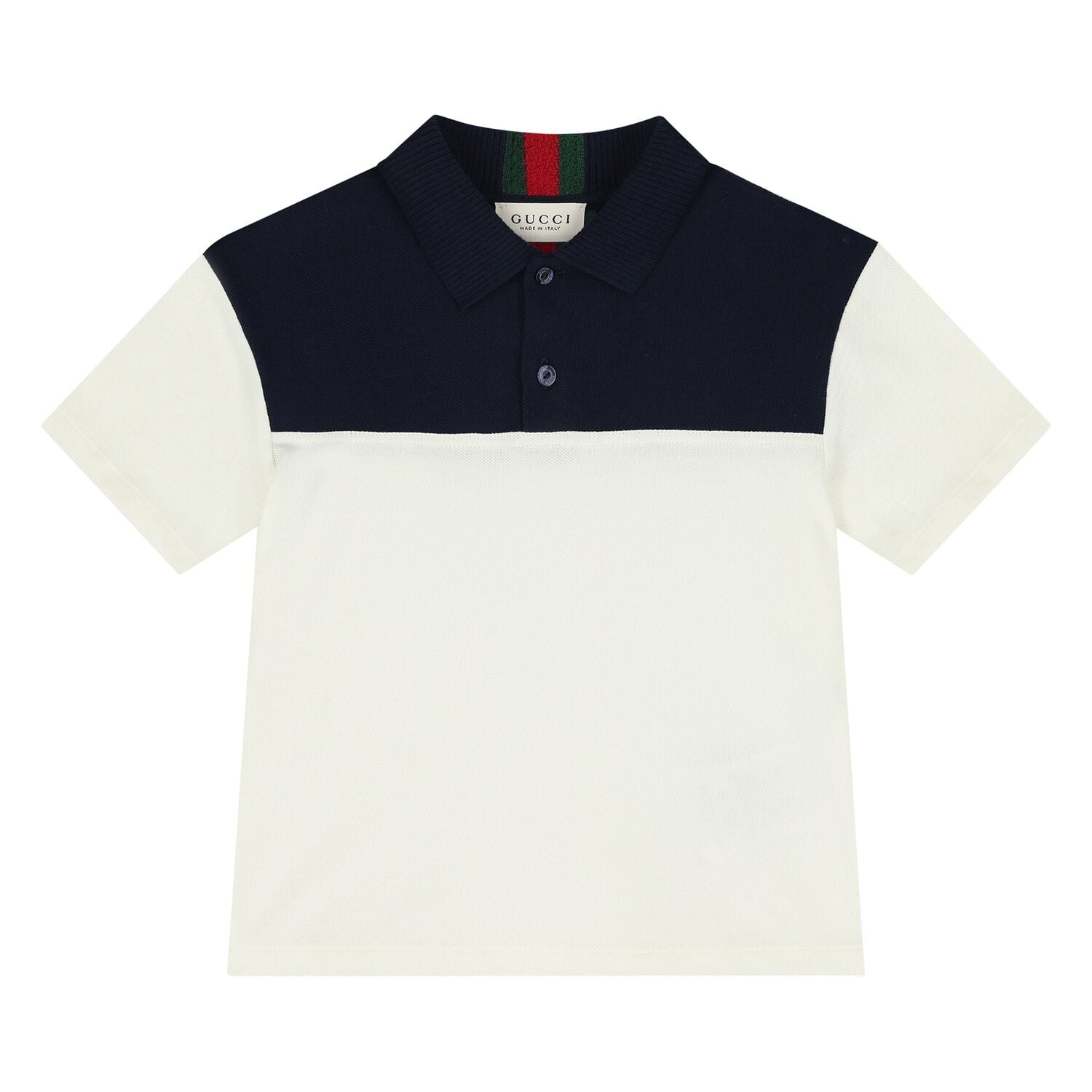 Younger Boys Ivory & Navy Blue Web Striped Polo Shirt, 1, hi-res