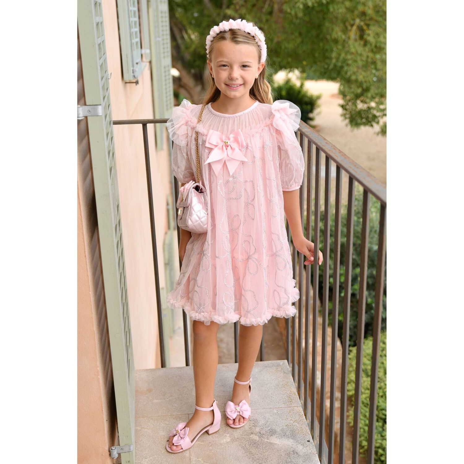 Girls Pink Embellished Tulle Dress, 1, hi-res