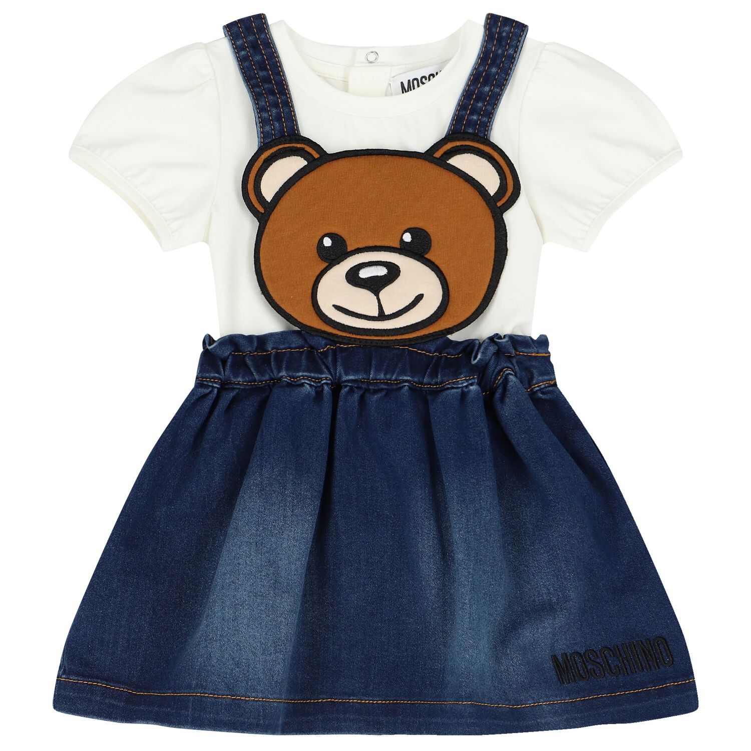 Younger Girls White & Blue Teddy Bear Skirt Set, 1, hi-res