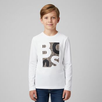 Boys White Logo Long Sleeve Top
