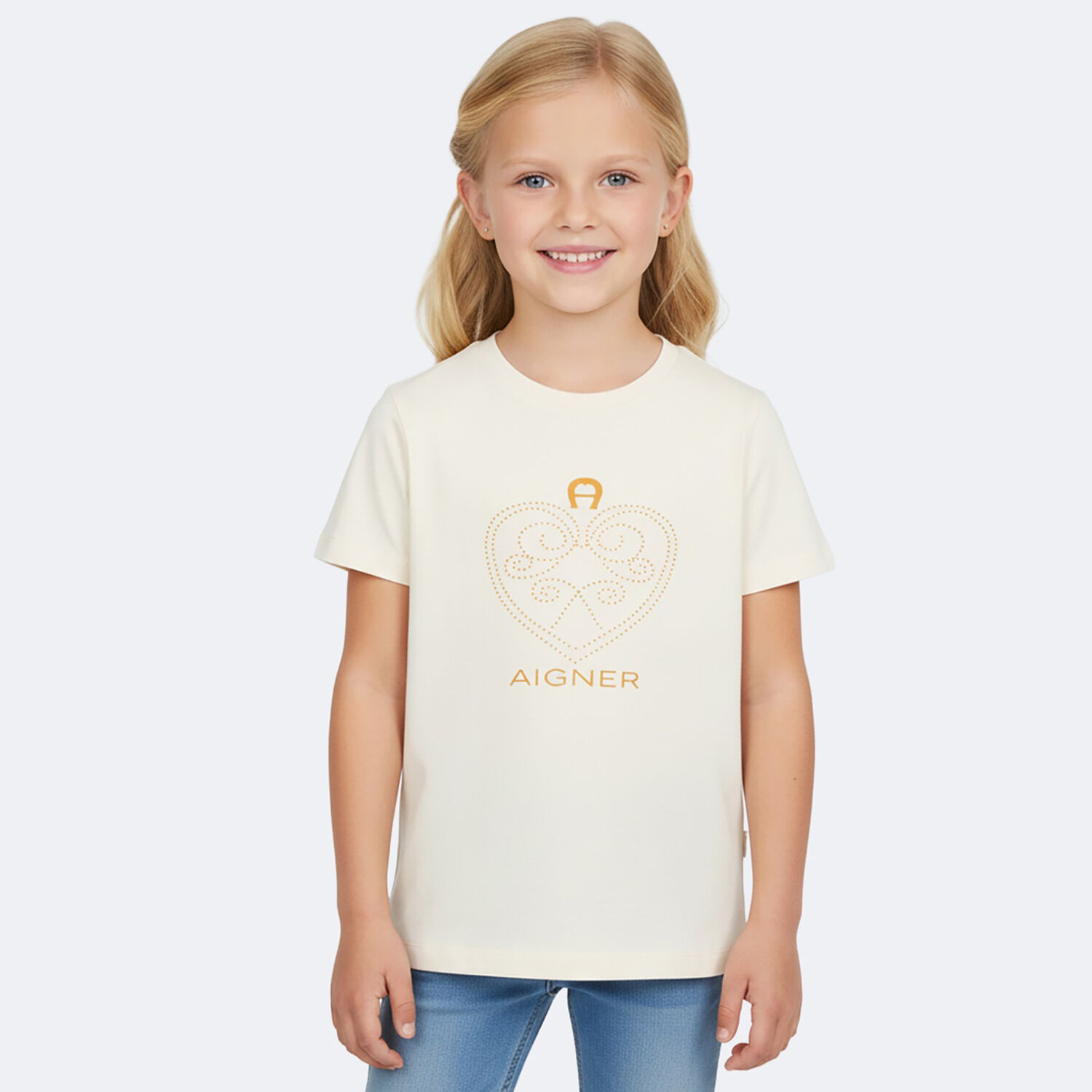 Girls Ivory & Gold Heart Logo T-Shirt, 1, hi-res