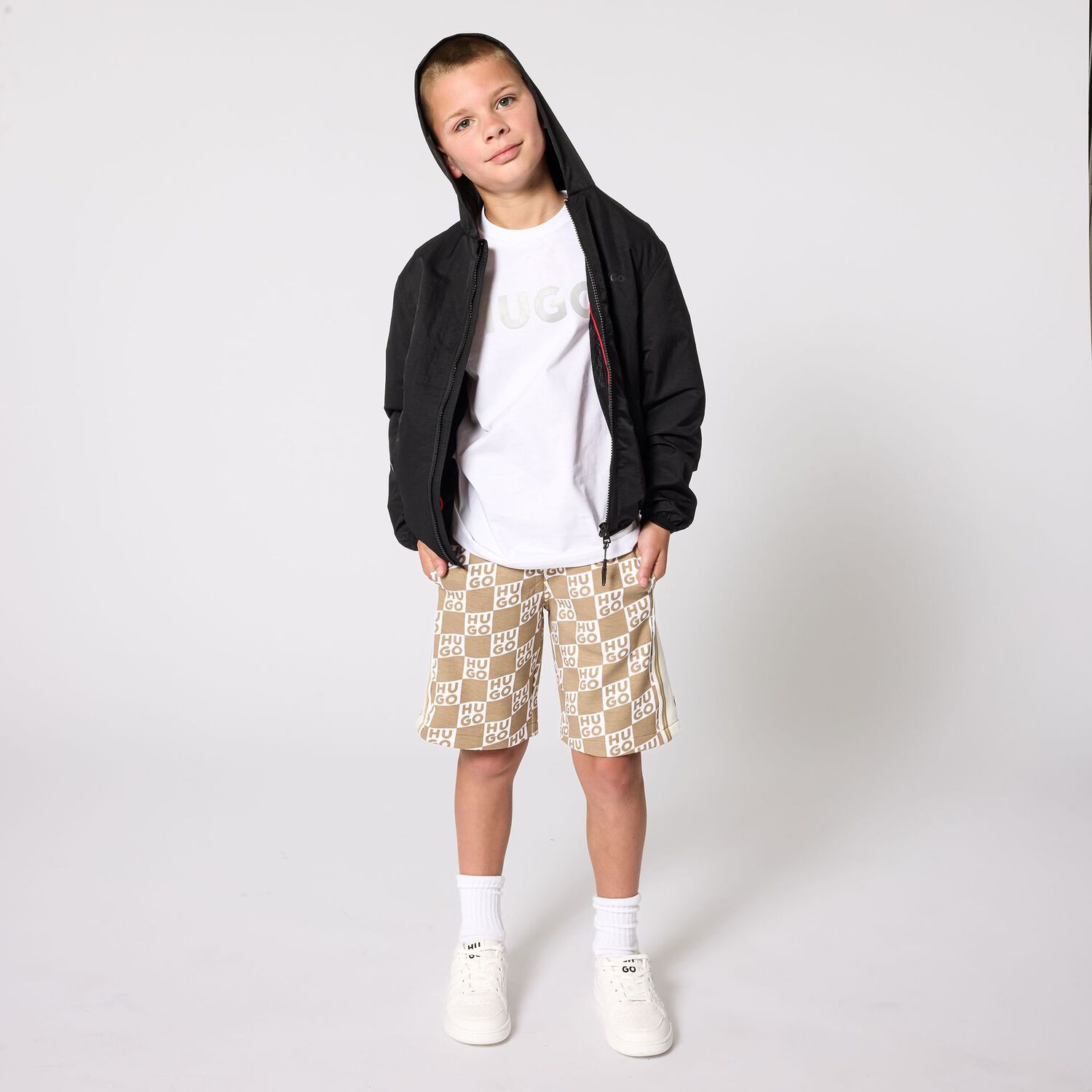 Boys Beige & White Check Logo Shorts, 2, hi-res