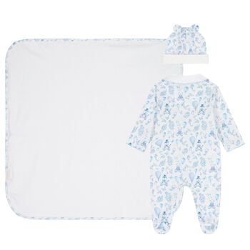 Boys White & Blue Toile de Jouy Babygrow Set