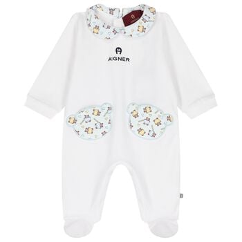 Baby Boys White & Blue Teddy Bear Logo Babygrow
