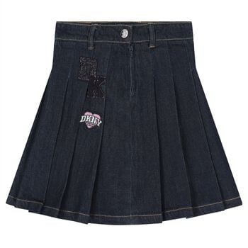 Girls Navy Blue Logo Denim Pleated Skirt