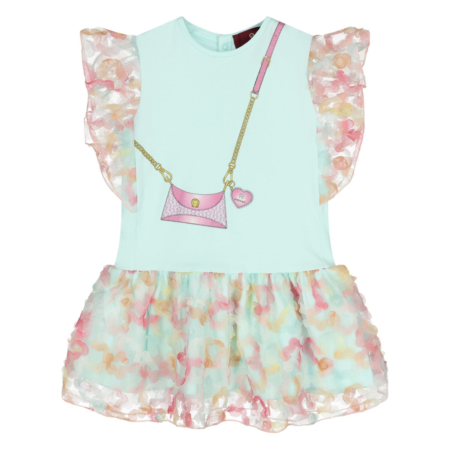 فستان بشعار بللون الخضراء للفتيات , 1, hi-res