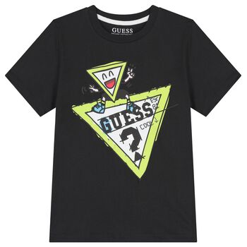 Guess تي شيرت أسود بشعار للأولاد, 1 تي شيرت أسود بشعار للأولاد