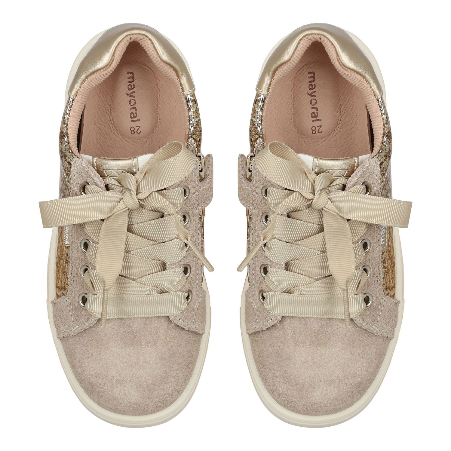  حذاء رياضي للبنات بشعار لامع باللون الذهبي, 1, hi-res