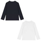 Boys White & Navy Blue Cotton Logo Long Sleeve Top( 2-Pack ), 1, hi-res