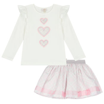 Girls Ivory & Pink Heart Skirt Set