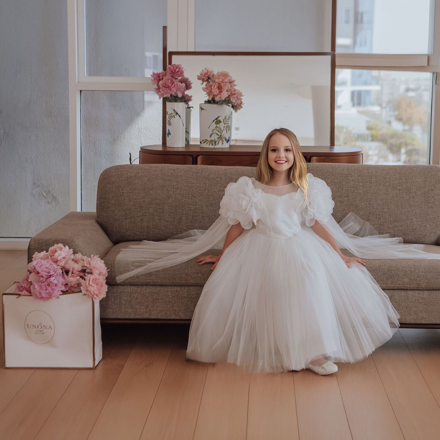 Girls Cendice White Organza Floral & Tulle Cape Dress, 1, hi-res