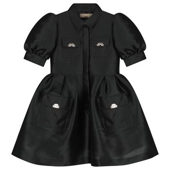 Girls Black Satin Puff Sleeve Dress