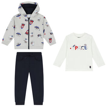 Younger Boys White, Grey & Navy Blue 3 Piece Tracksuit