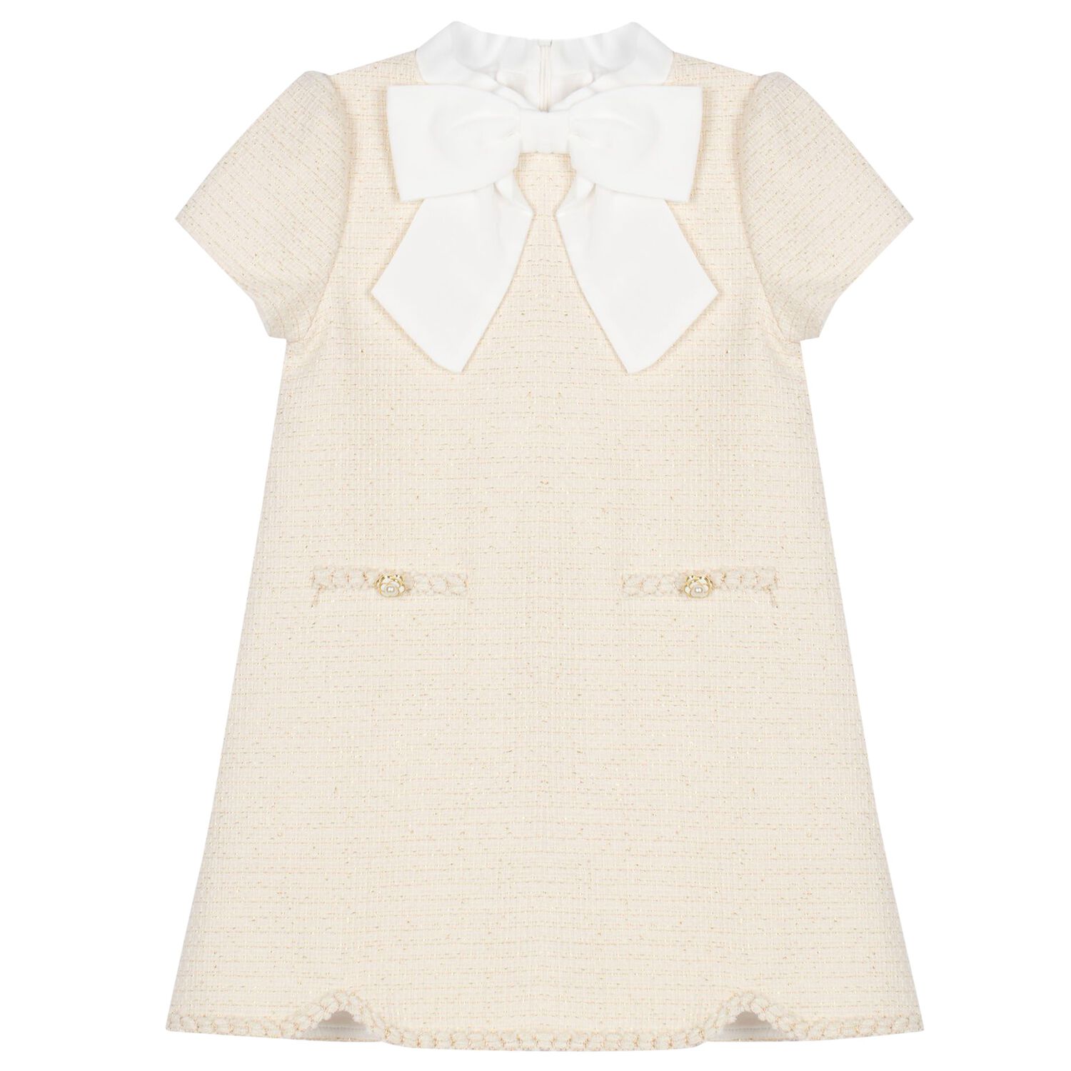 Girls Beige & White Bow Tweed Dress, 1, hi-res