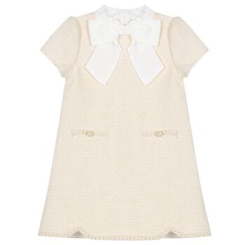 Girls Beige & White Bow Tweed Dress