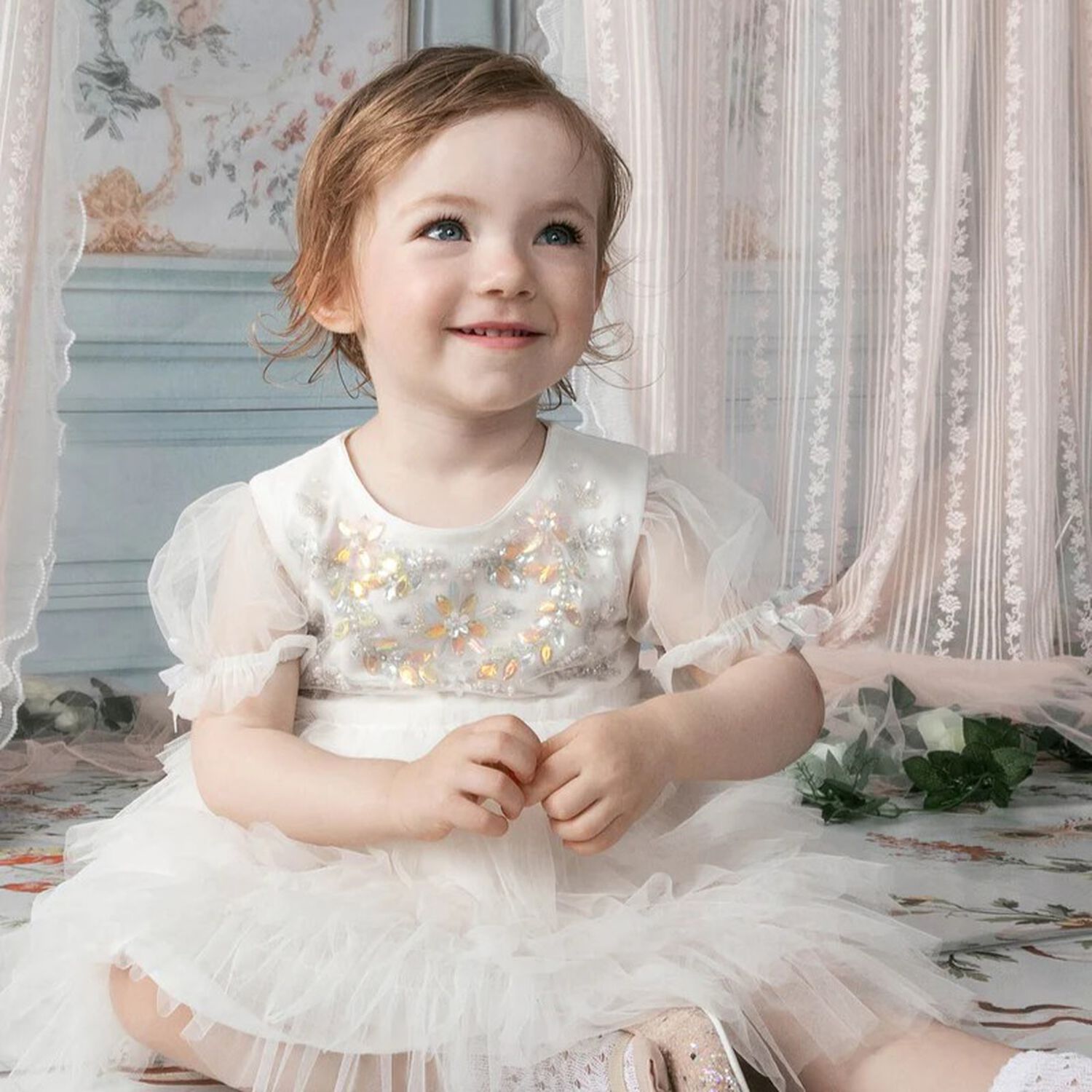 Baby Girls White Embellished Tulle Dress Set, 1, hi-res