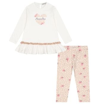 Girls Ivory & Beige Leopard Rose Logo Leggings Set