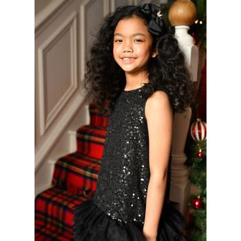 Girls Black Embellished Sequins Tulle Dress