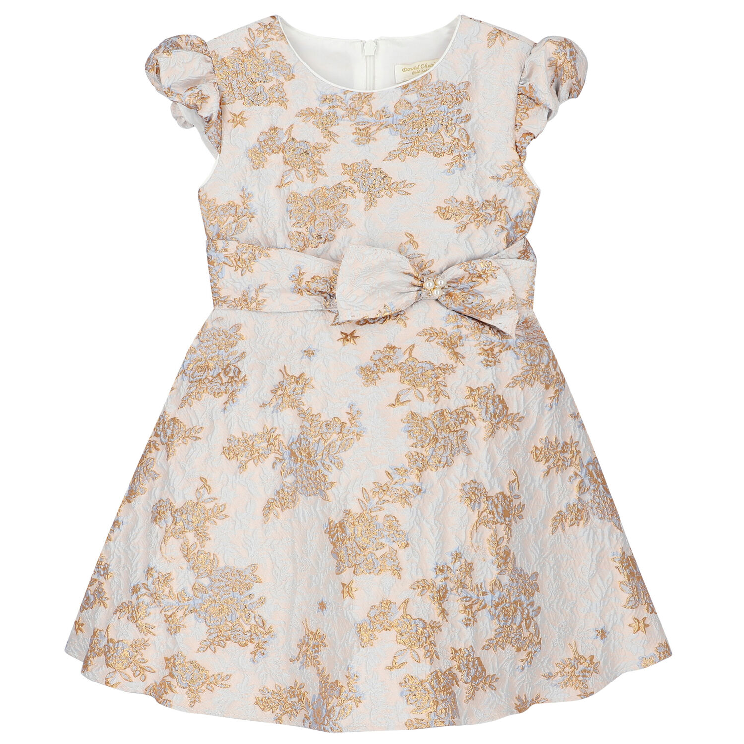 Girls Blue & Gold Brocade Dress, 1, hi-res image number null