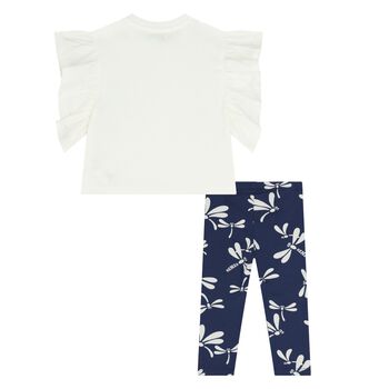 Younger Girls White & Navy Blue Dragonflies Leggings Set