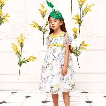 Girls White & Yellow Floral Tulle Dress