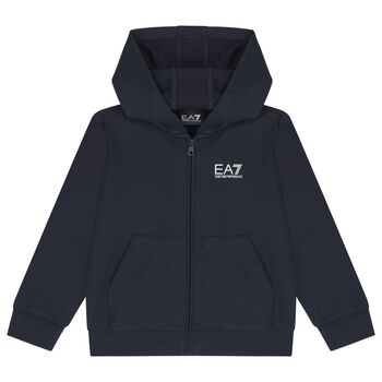 Boys Navy Blue Logo Hooded Zip Up Top