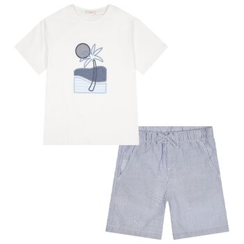 Boys White & Blue Striped Shorts Set