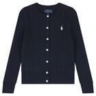 Girls Navy Blue Cable Knit Cardigan, 1, hi-res