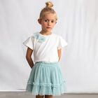 Girls White & Aqua Floral Tulle Skirt Set, 1, hi-res