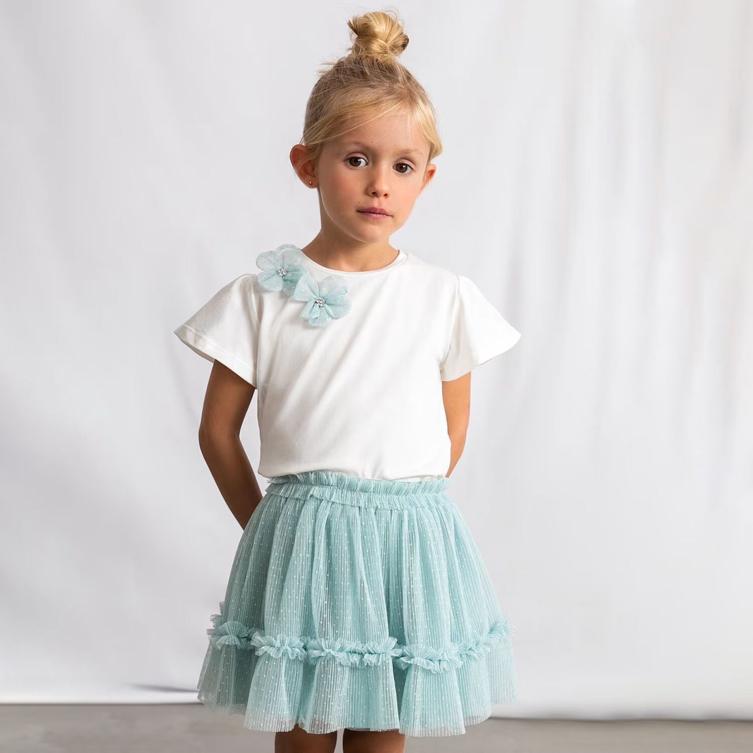 Girls White & Aqua Floral Tulle Skirt Set, 1, hi-res