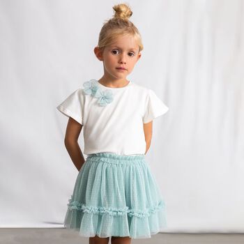 Girls White & Aqua Floral Tulle Skirt Set