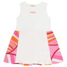 Girls White & Pink Logo Flared Dress , 2, hi-res