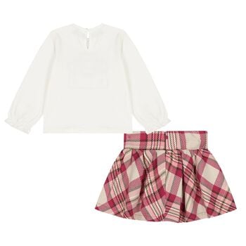 Younger Girls White & Burgundy Plaid Skirt Set