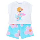 Girls White & Aqua Floral Shorts Set, 2, hi-res