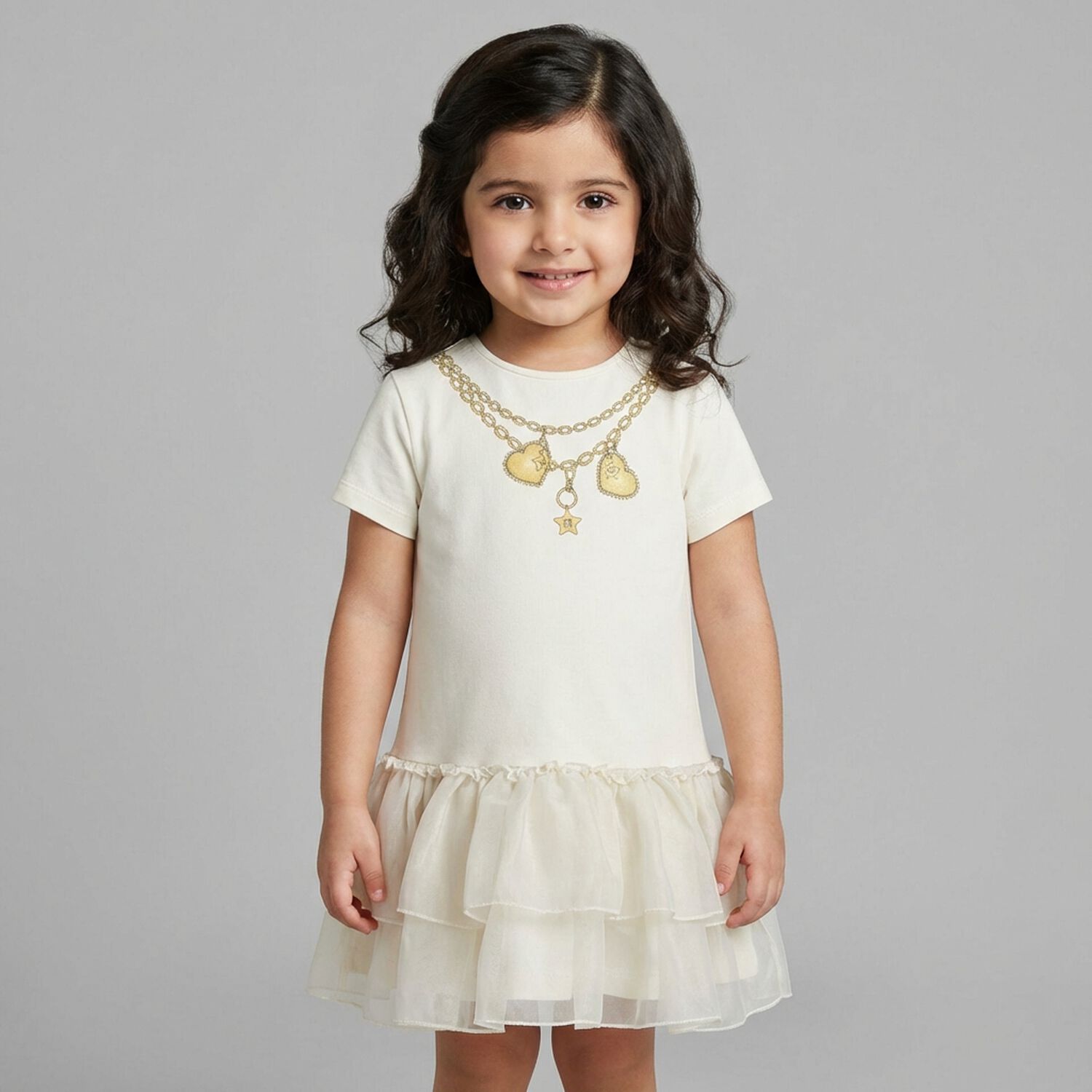 Younger Girls Ivory Necklace Logo Dress, 1, hi-res