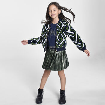 Girls Green Logo Pleated Skirt