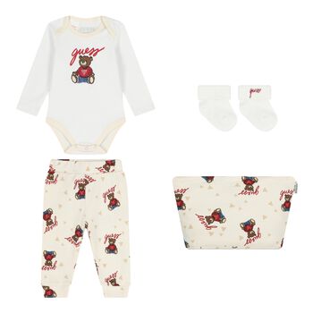 Ivory & White Teddy Bear Logo Baby Bodysuit Set
