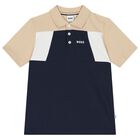 Boys Navy Blue & Beige Polo Shirt, 1, hi-res