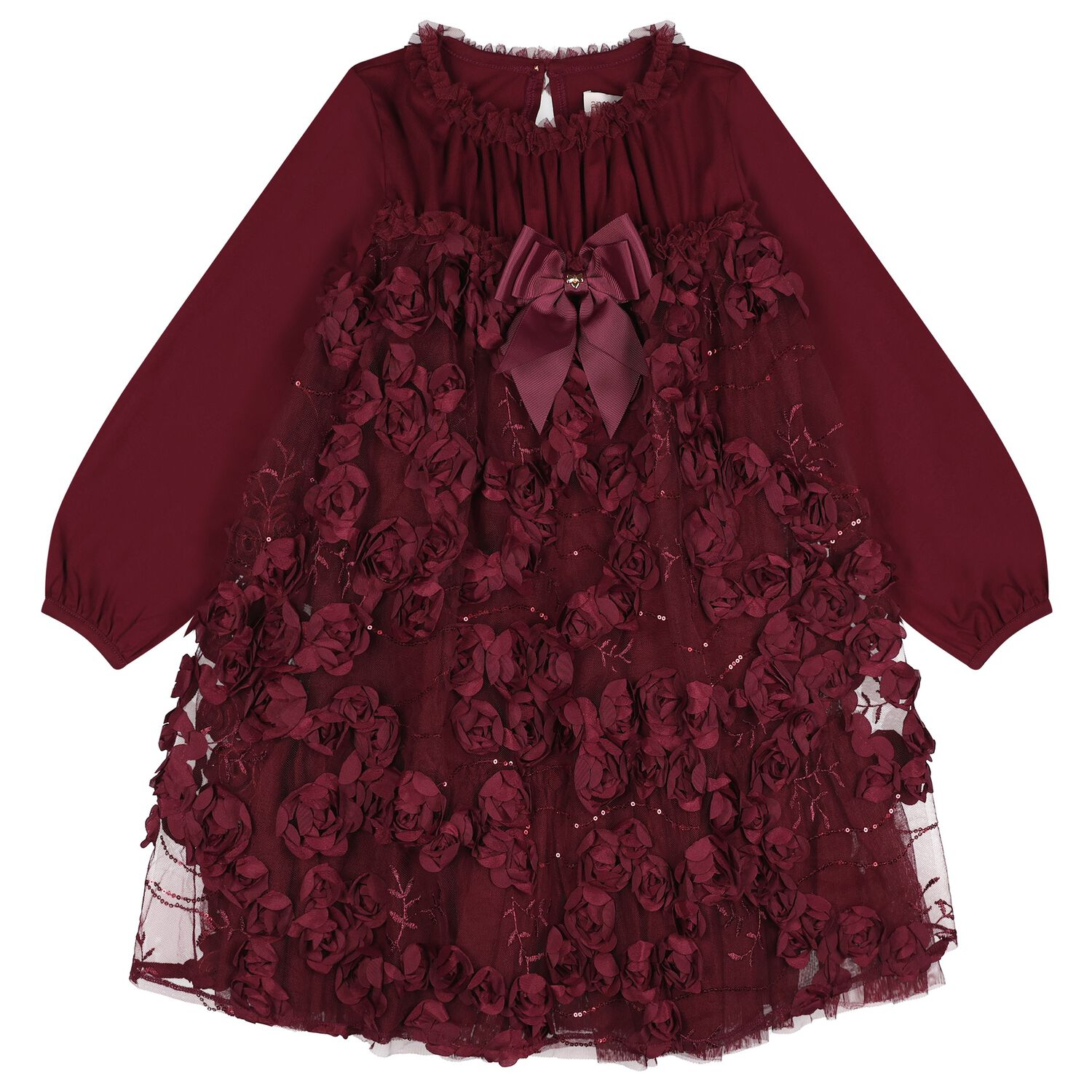 Girls Burgundy 3D Flower & Sequin Tulle Margot Dress, 1, hi-res