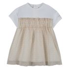 Younger Girls White & Beige Logo Dress, 1, hi-res